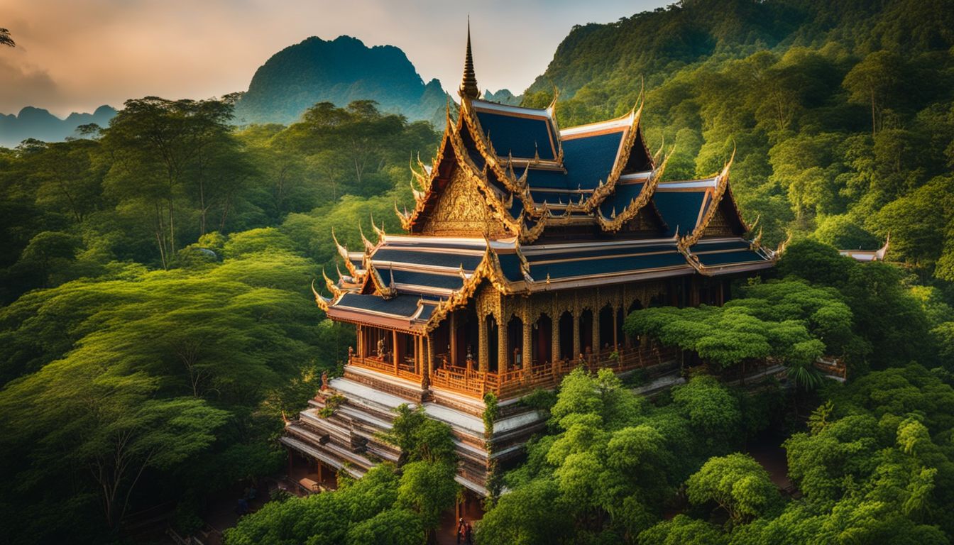 A vibrant photograph showcasing a traditional Thai temple surrounded by lush greenery and a bustling atmosphere.
