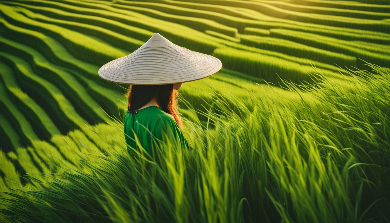 A woman wearing a traditional Vietnamese hat poses in lush green rice fields.