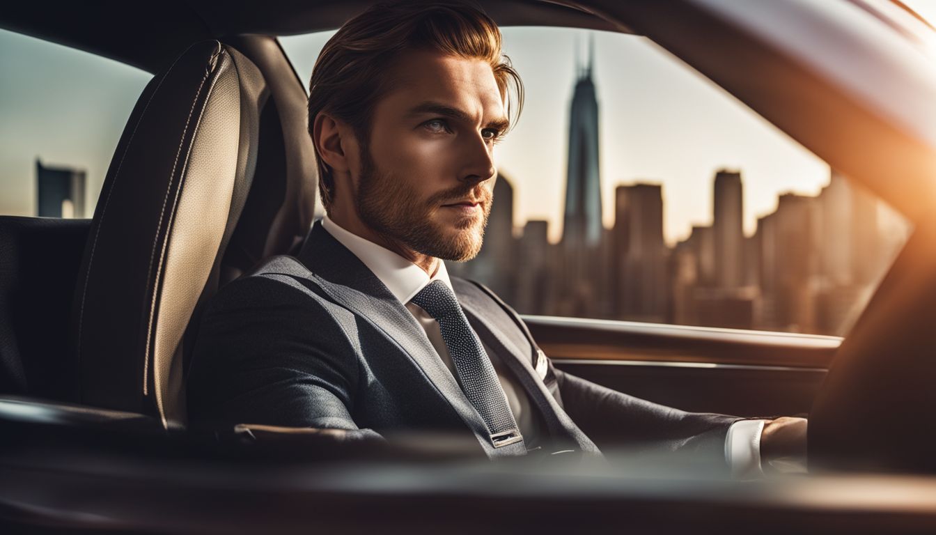 A businessman in a luxury car gazes at the city skyline, with a focus on his face and different hair styles and outfits.