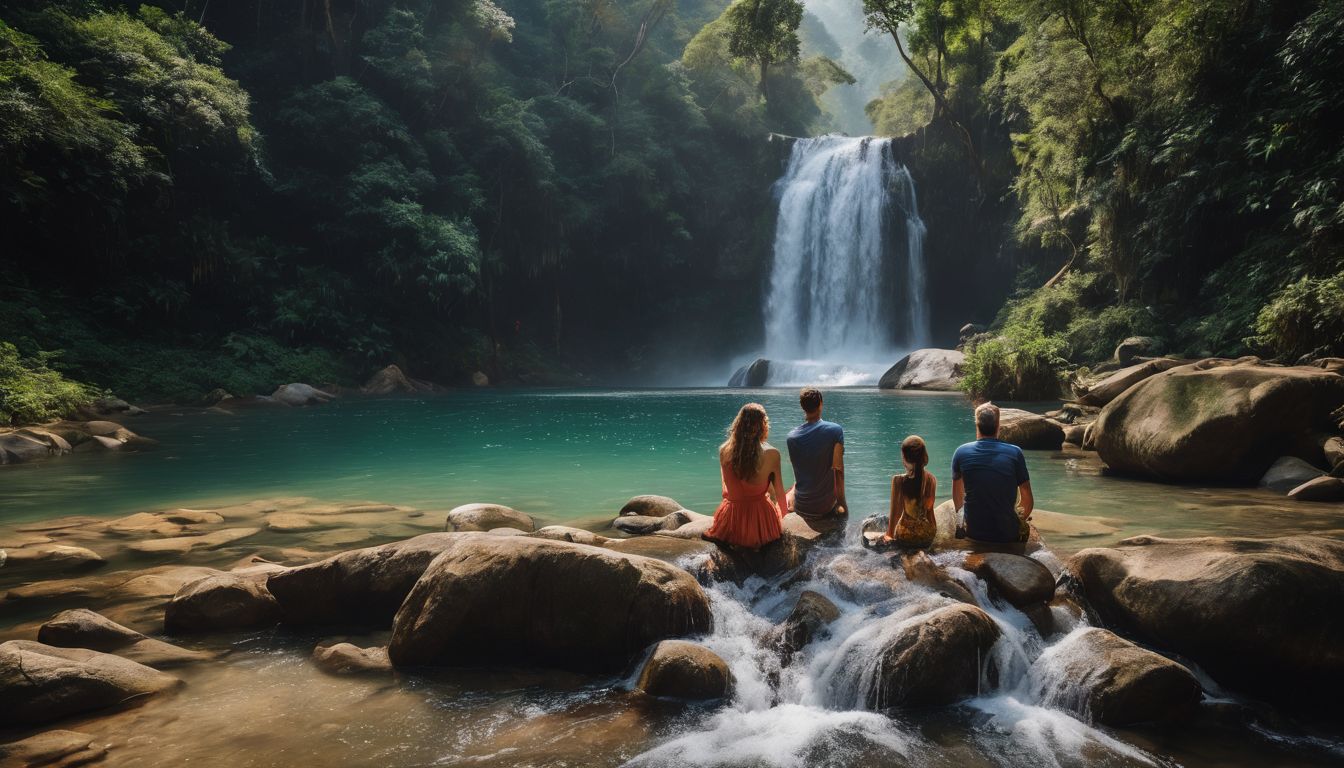 A family of tourists exploring a waterfall in Vietnam, captured in a vibrant and stunning photograph.