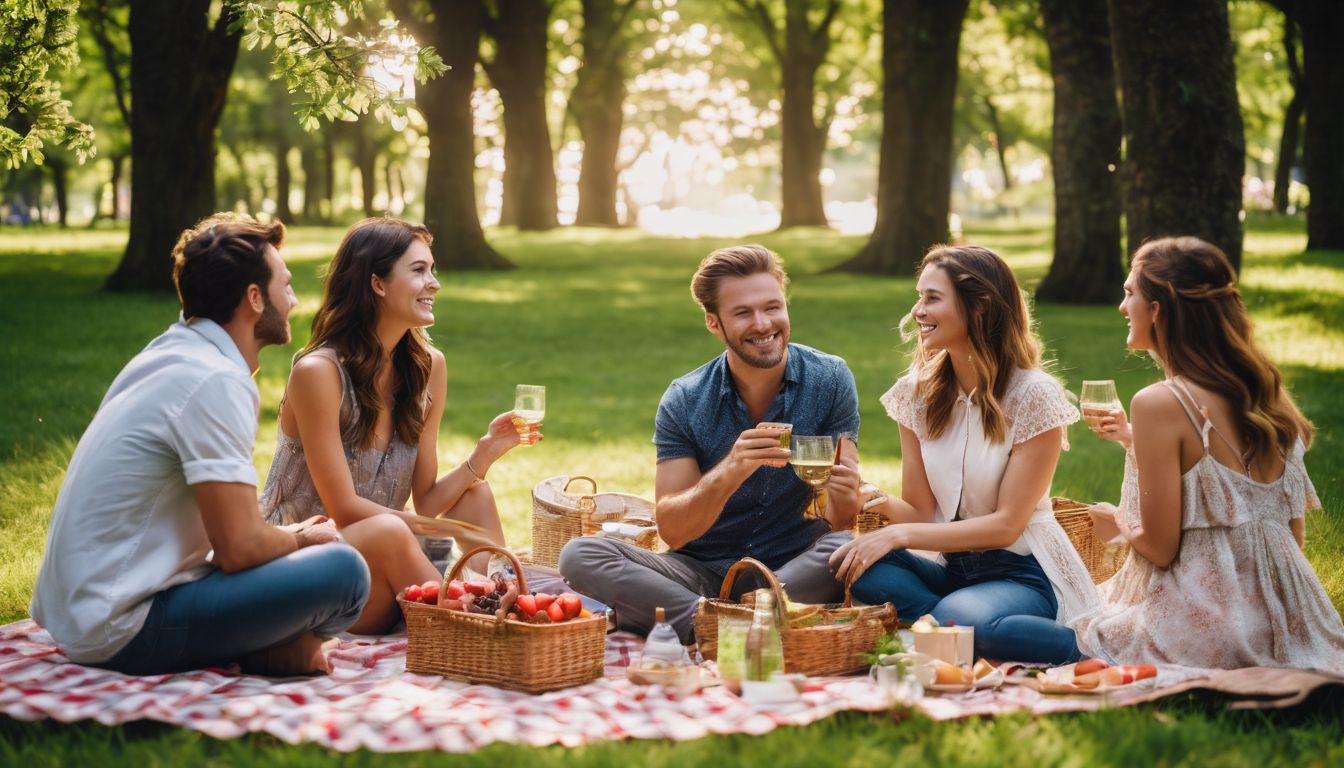 A diverse group of people enjoy a picnic in a beautiful park surrounded by nature.