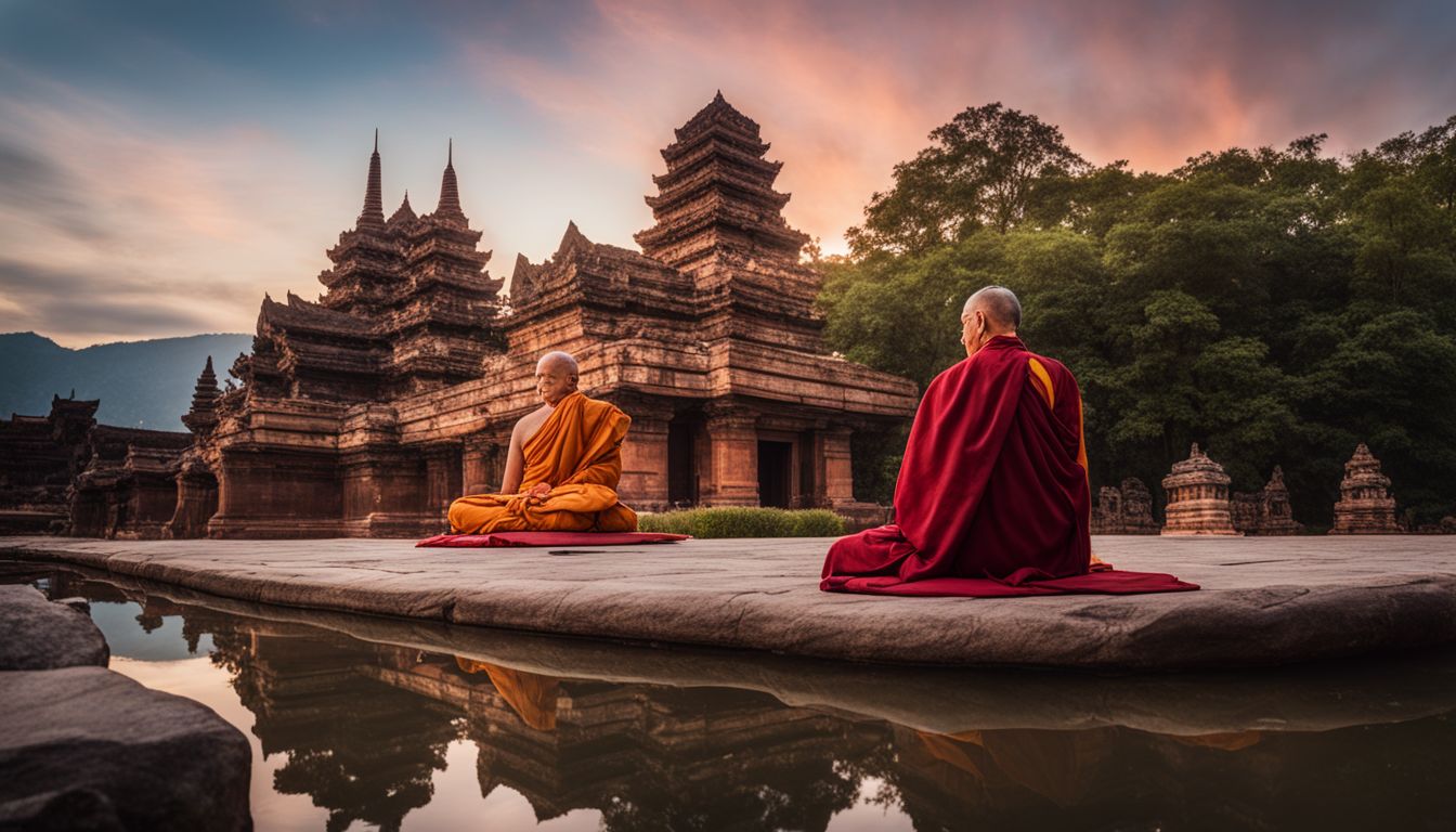 An elderly Buddhist monk meditating in front of ancient temples in a bustling atmosphere.