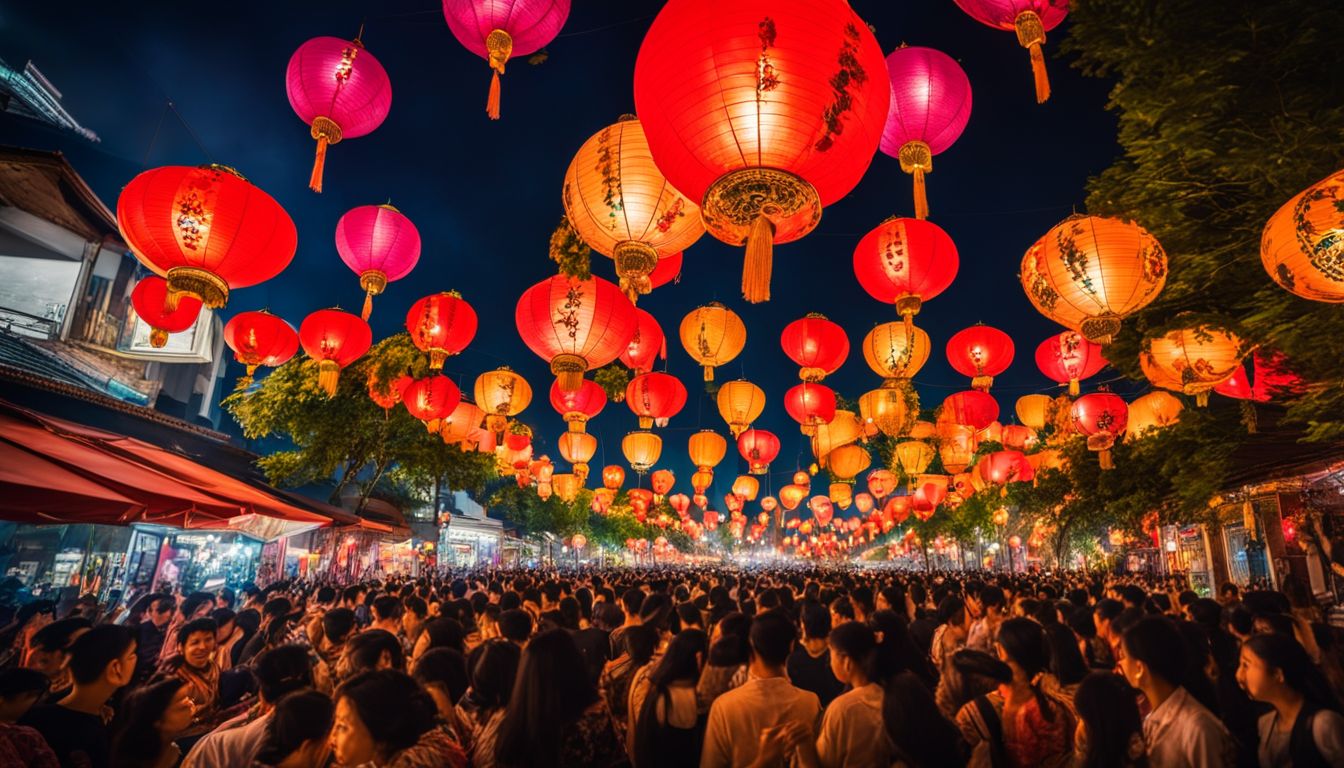 A vibrant photo capturing a bustling crowd amidst beautiful Thai lanterns lighting up the night sky.