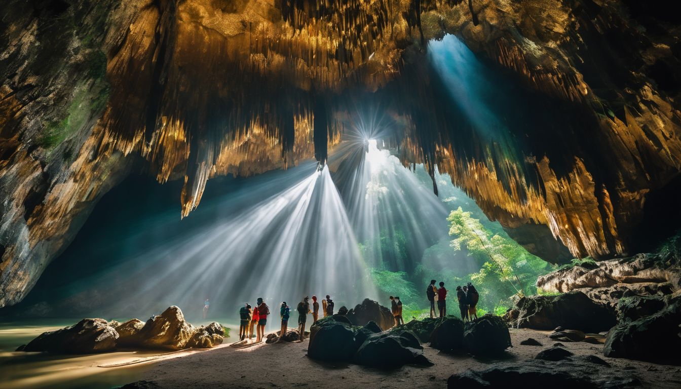 A diverse group of explorers admiring the beautiful stalactites in Phong Nha cave.
