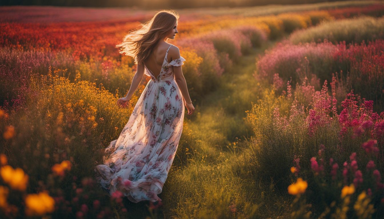 A young woman explores a vibrant field of flowers in a flowing dress.