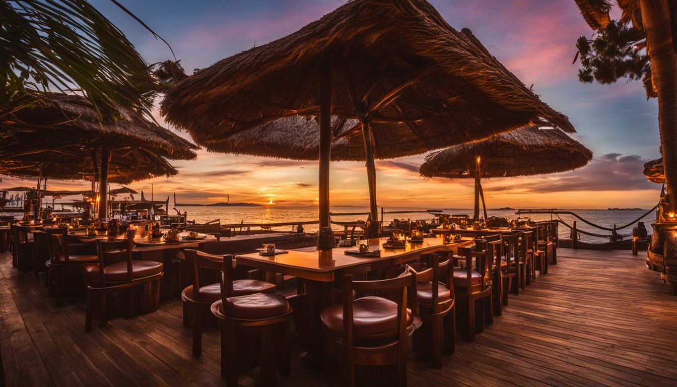 A photo of an outdoor view of a beachfront restaurant during sunset, showcasing the bustling atmosphere and beautiful seascape.