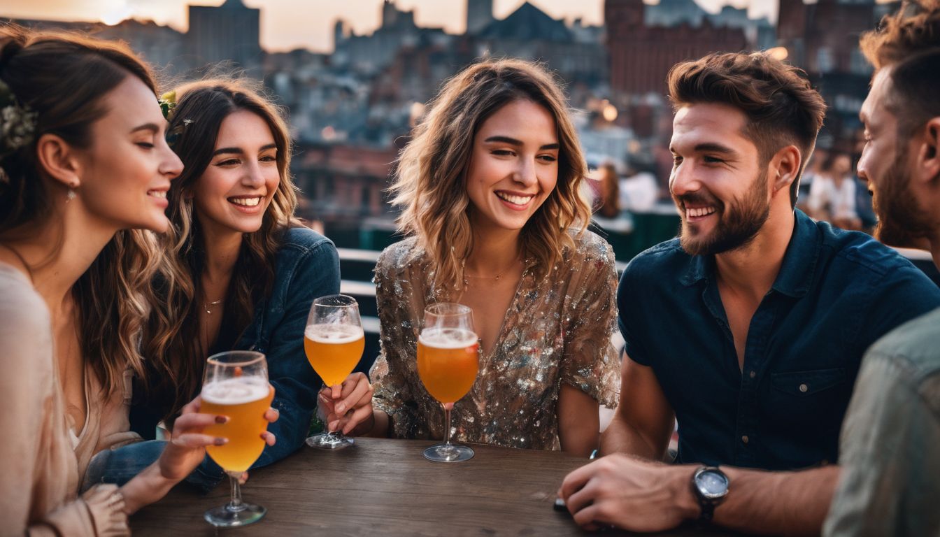 A diverse group of friends enjoying live music at a rooftop bar in the vibrant Old City.