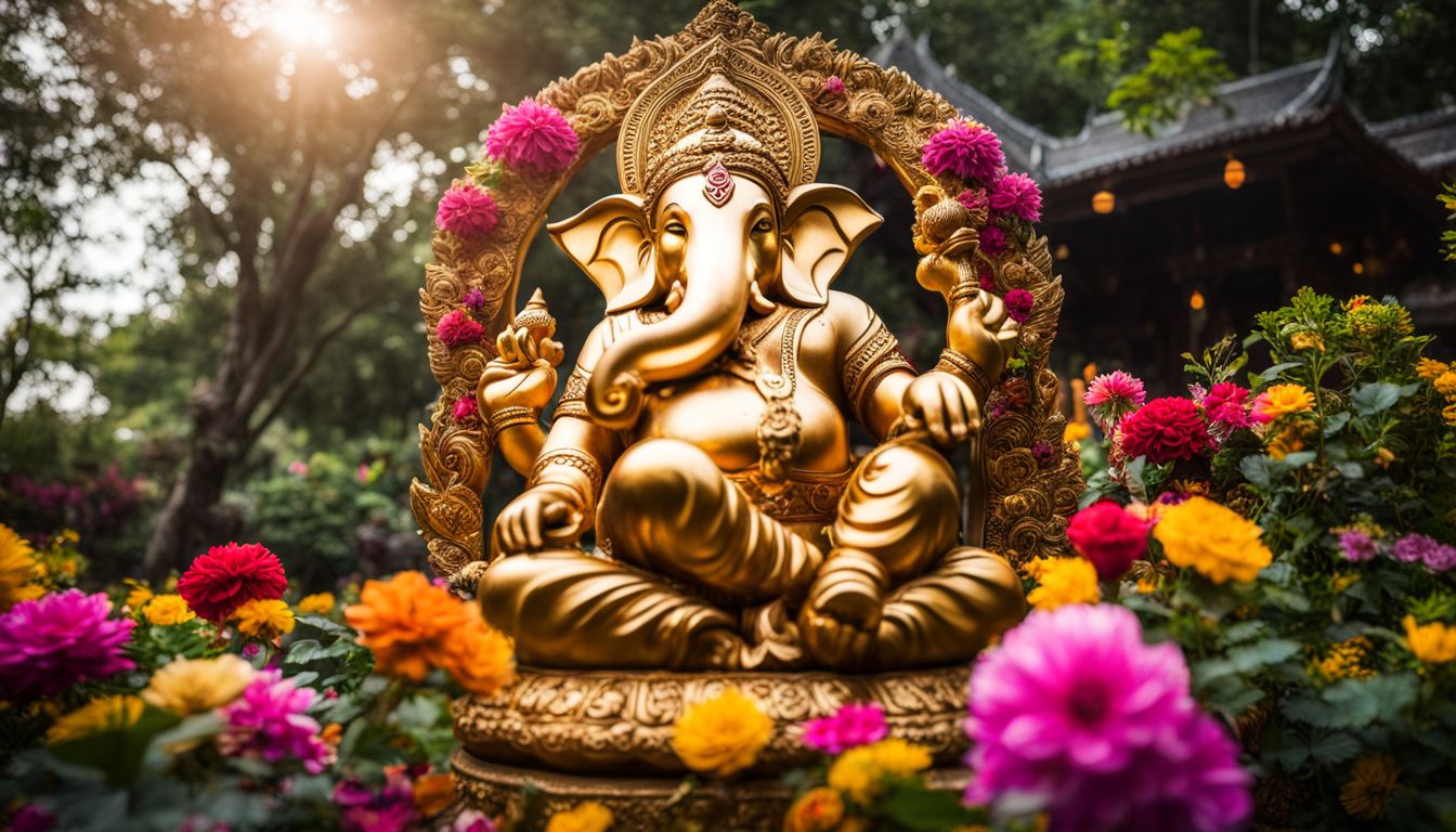 A golden Ganesha statue surrounded by vibrant flowers in a Thai temple garden.