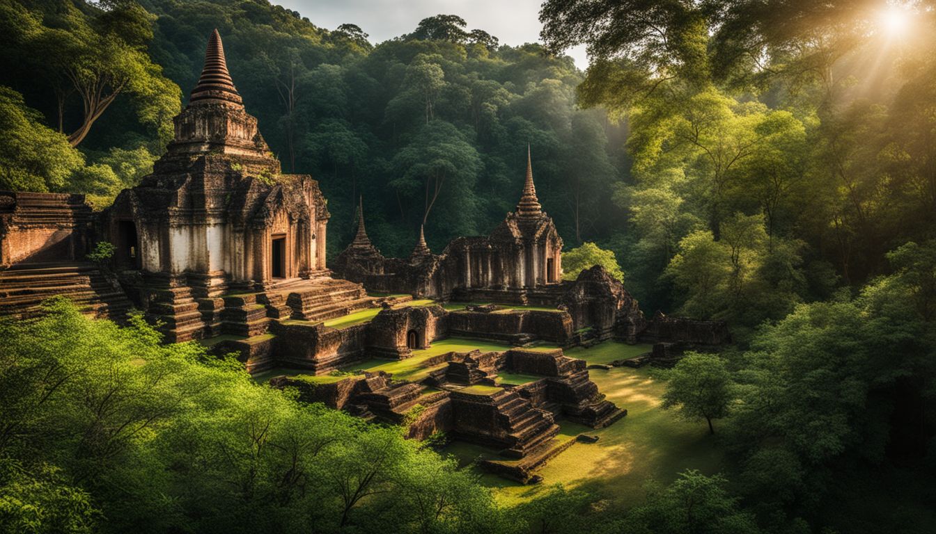 A photo of Ancient Wat Chang Lom ruins surrounded by lush greenery, capturing the bustling atmosphere and showcasing the beauty of the historical site.