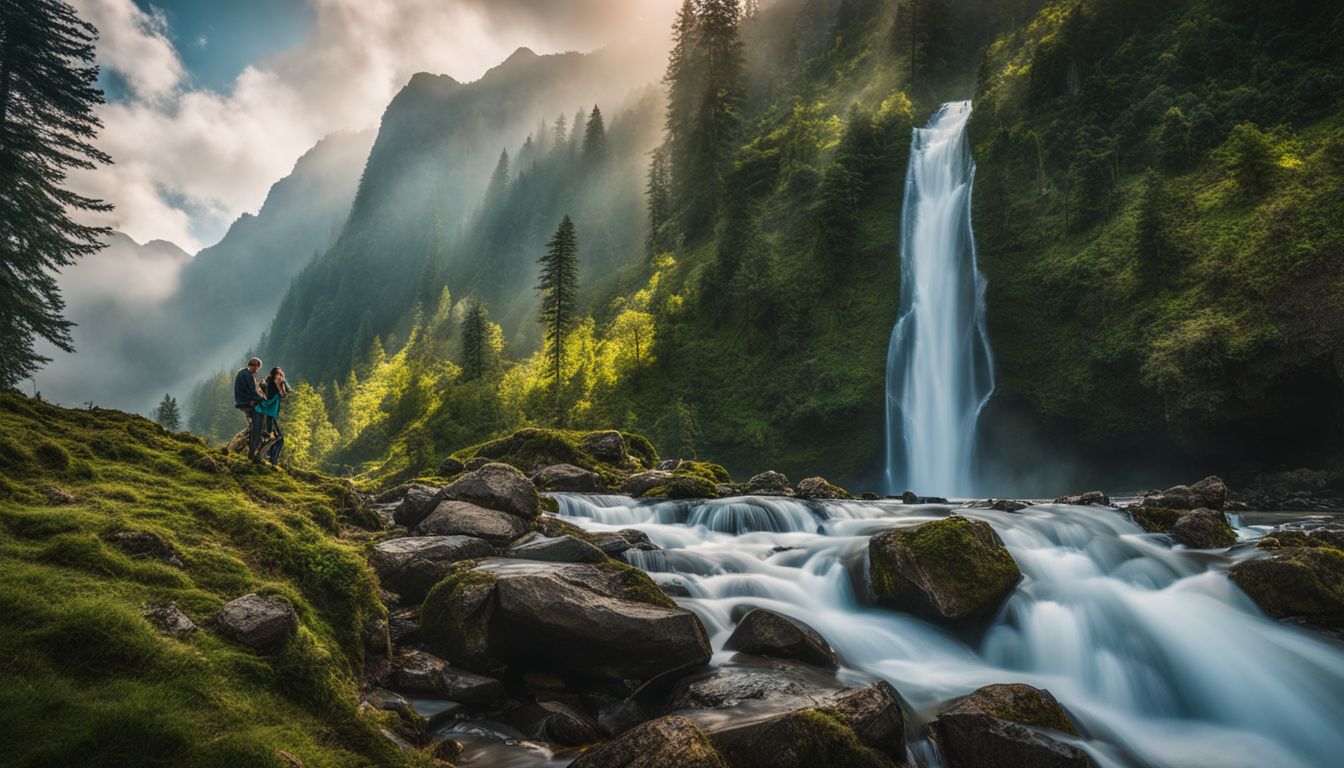 A breathtaking photograph capturing a vibrant and beautiful valley with waterfalls, surrounded by majestic mountains.