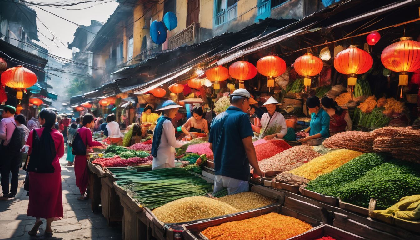 A vibrant Vietnamese market filled with diverse stalls selling traditional handicrafts and trendy fashion items.