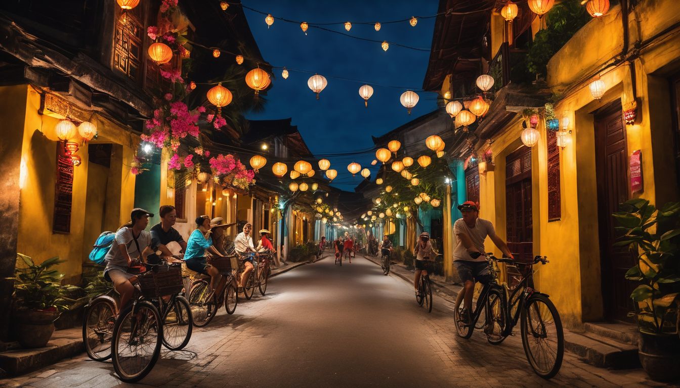 A group of friends cycling through the lantern-lit streets of Hoi An at night.