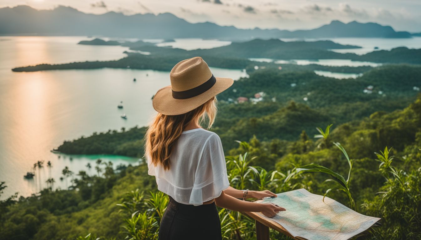 A woman looks at a map while standing at a viewpoint overlooking stunning natural beauty in Samui.