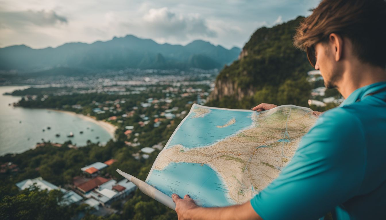 An explorer holds a large, detailed map of Samui with scenic landmarks in the background.