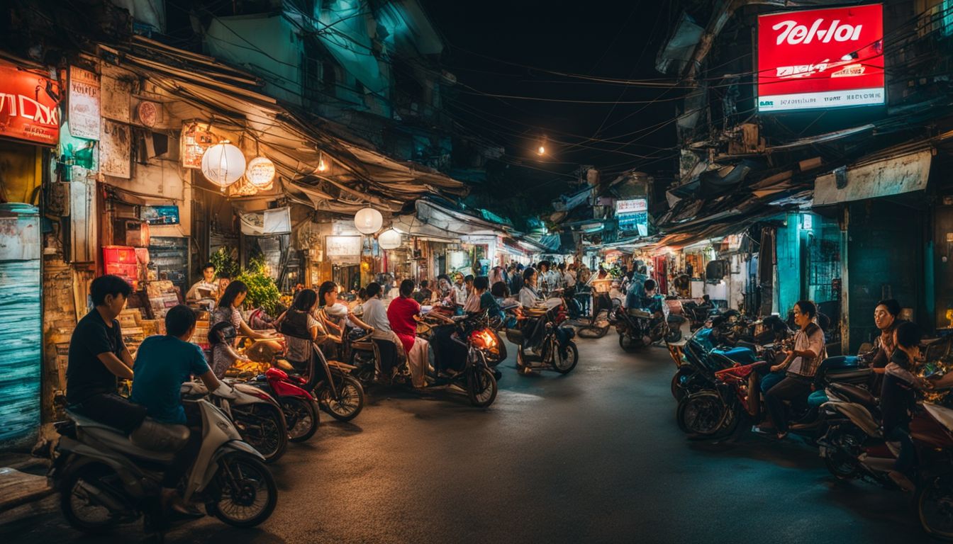 A vibrant night scene capturing the bustling streets of Ho Chi Minh City with diverse individuals.