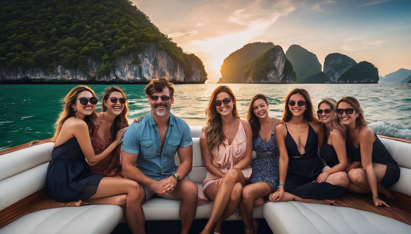 A diverse group of friends enjoying a boat ride at sunset along the Phuket coast.
