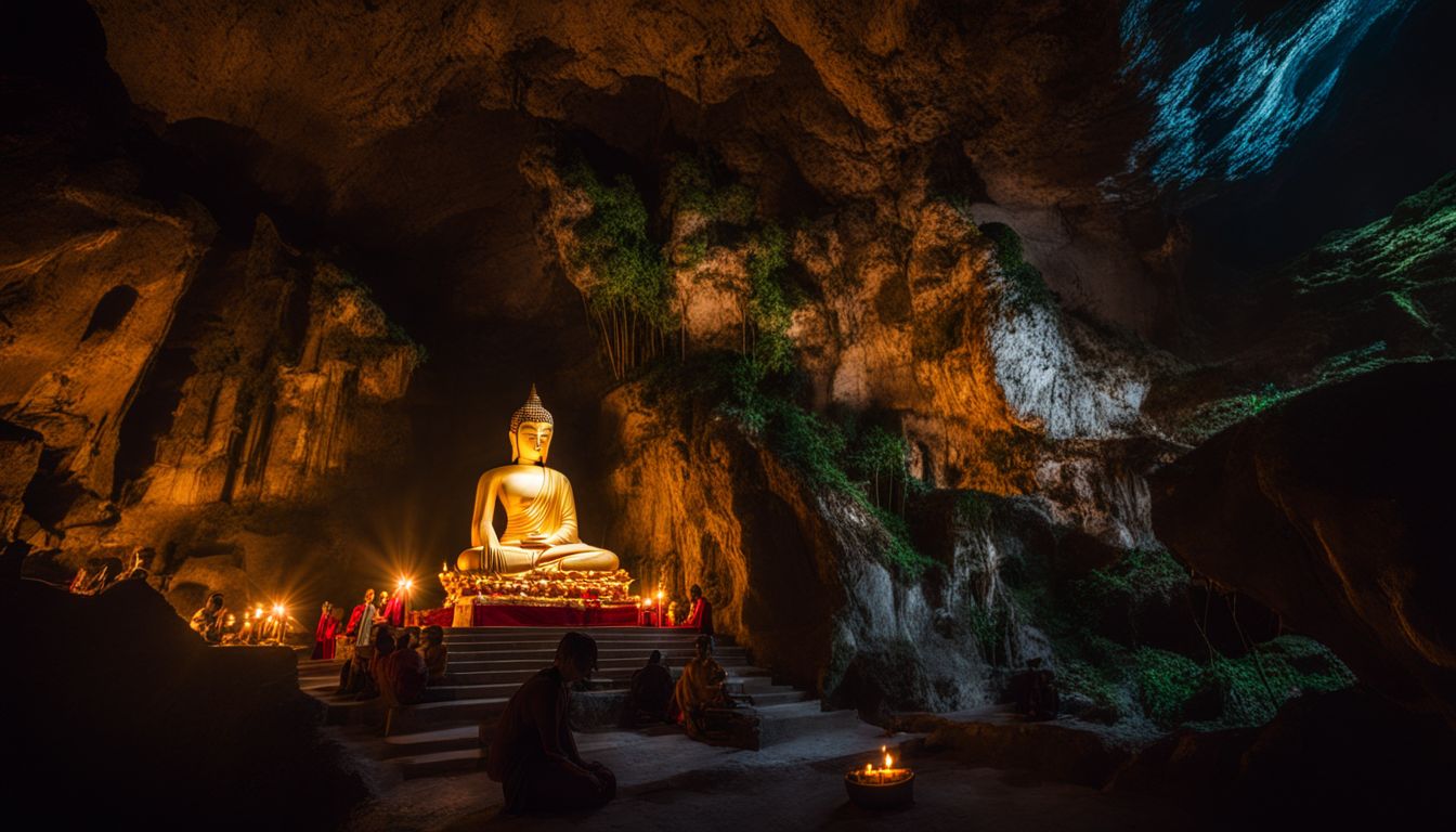A photo of the holy Buddha image inside Krasae Cave, illuminated by candlelight and surrounded by diverse people.