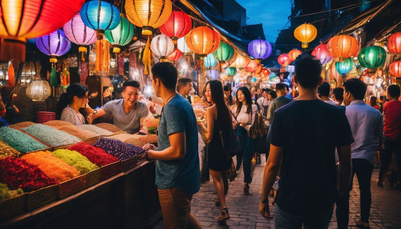 A diverse group of friends explores a vibrant night bazaar filled with colorful stalls and traditional Thai lanterns.