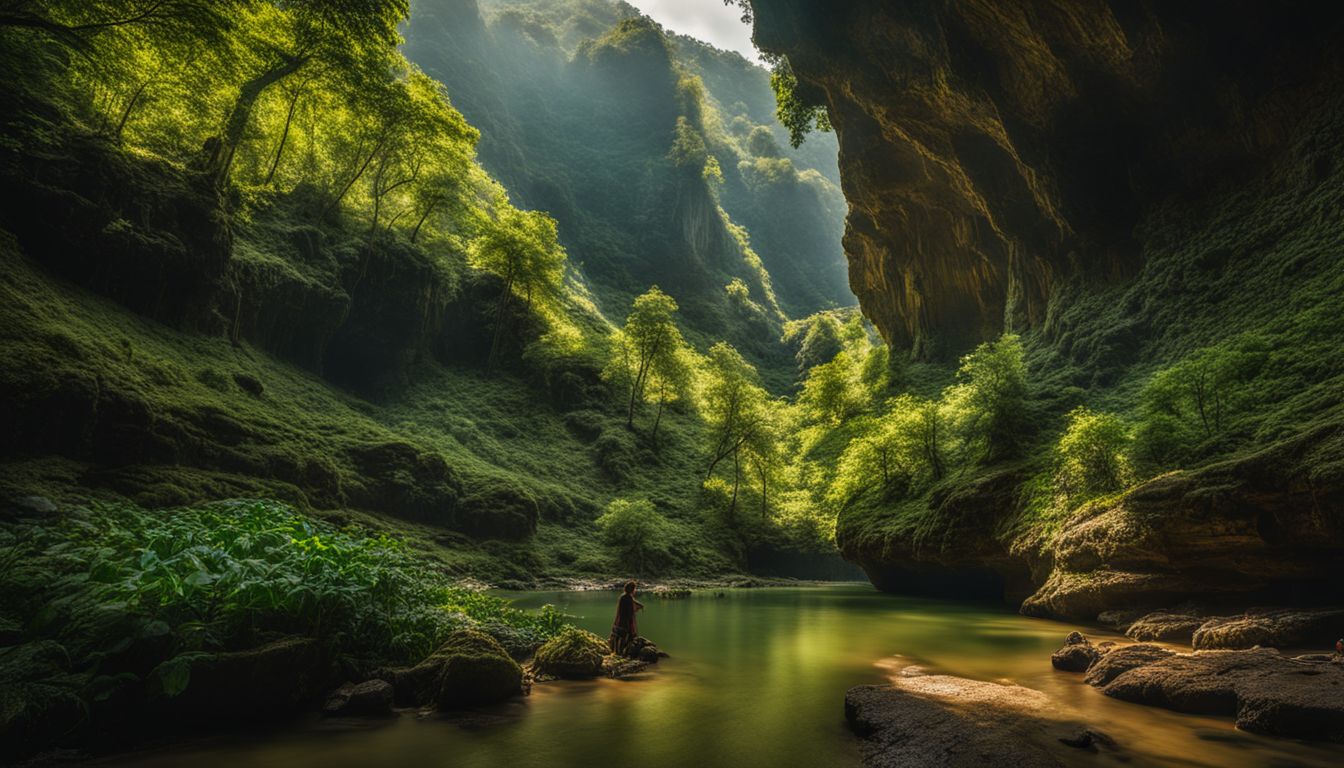 A photo of Krasae Cave surrounded by lush green hills with people exploring the area.