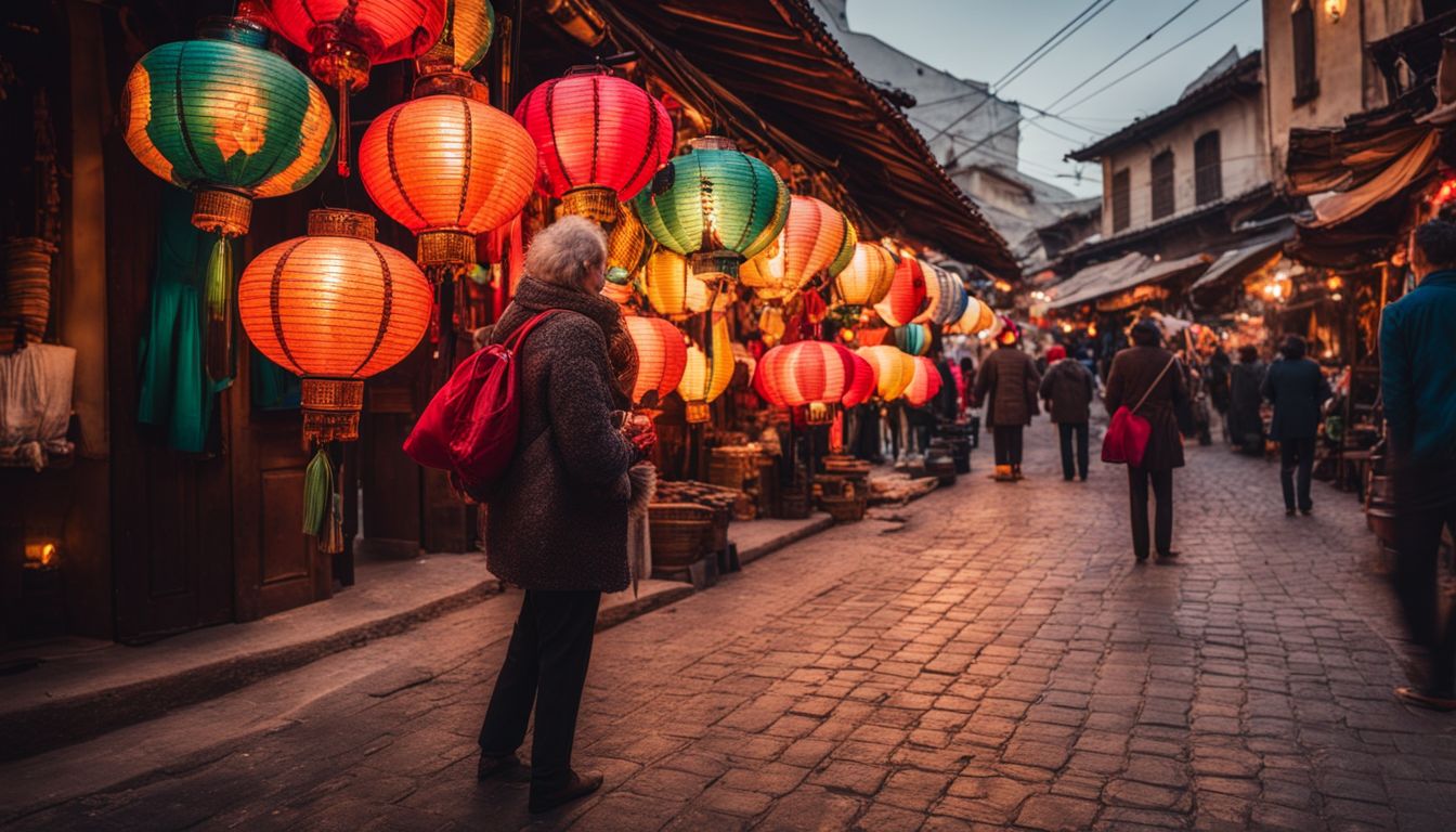 A street vendor in the Old Town sells colorful lanterns in a bustling atmosphere.