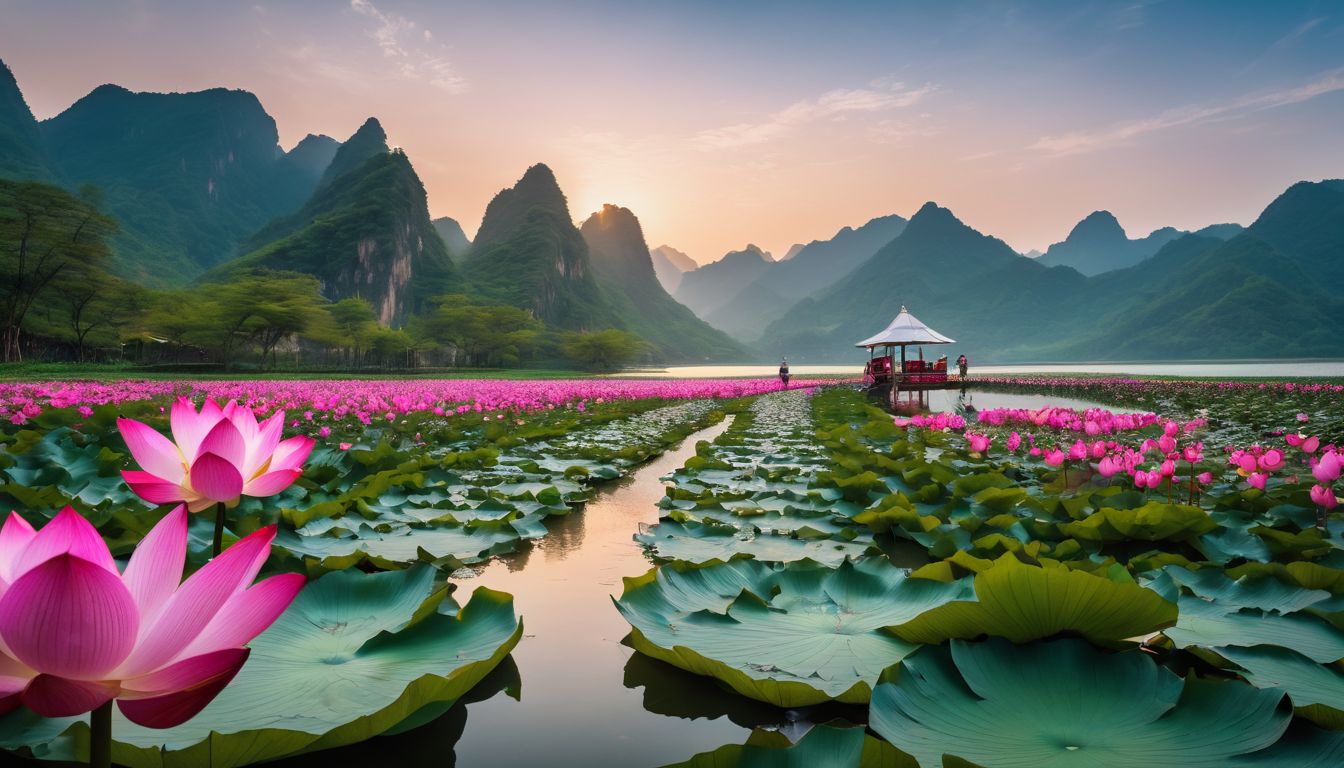 A diverse group of tourists admire the blooming lotus flowers at Red Lotus Lake.