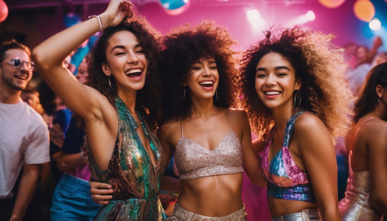 A diverse group of friends in 1990s fashion are seen dancing and having fun at a vibrant party.