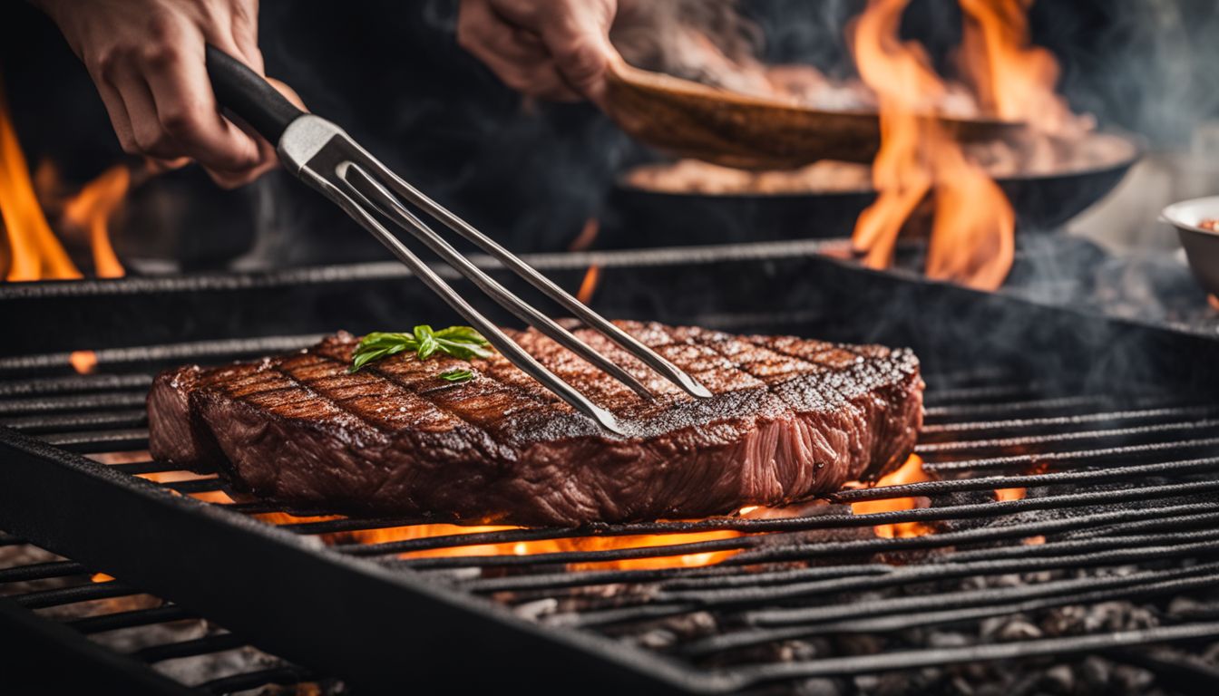 A hand using tongs to pick up a large steak on a sizzling grill in a bustling atmosphere.
