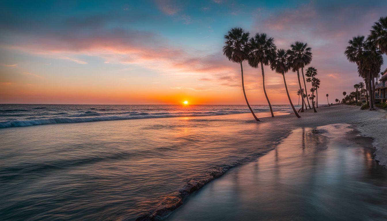 A picturesque sunset over Long Beach with palm trees, calm waters, and a bustling atmosphere.