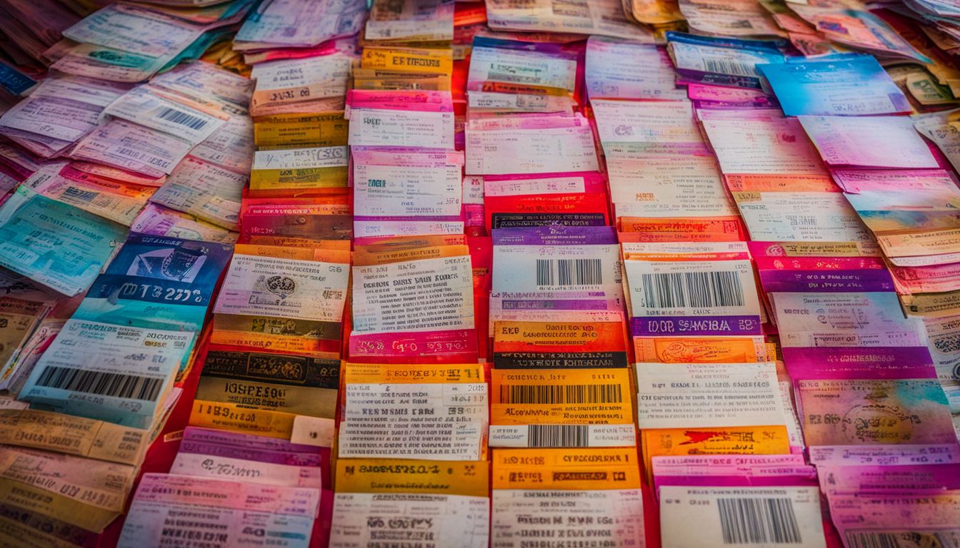 A vibrant display of festival tickets featuring various faces, hairstyles, and outfits against a backdrop of Thai cultural elements.