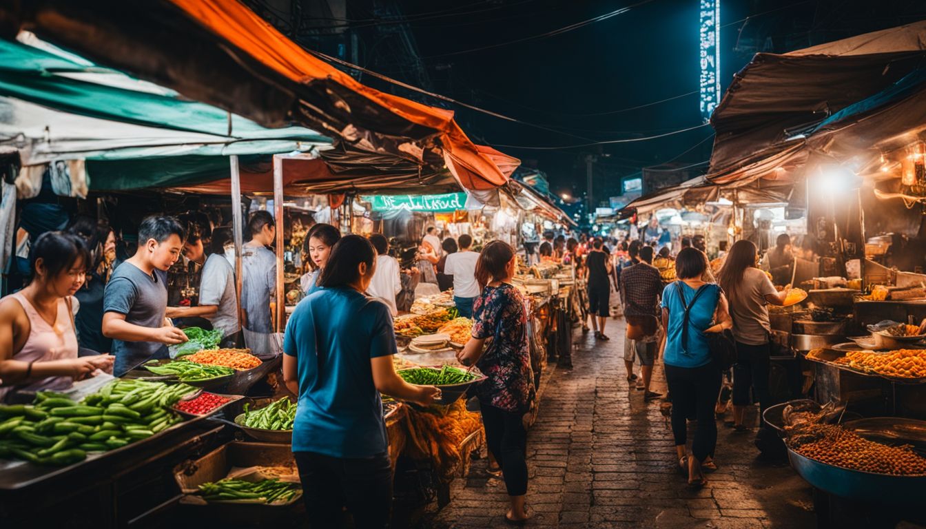 A lively Thai street food market captured in a vibrant photo, showcasing colorful stalls and a bustling atmosphere.