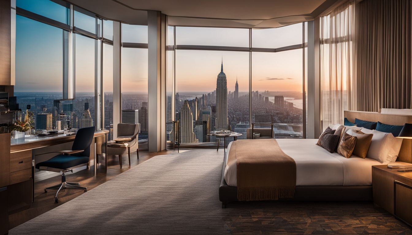A hotel room with a view of the city skyline and personalized tour itinerary.