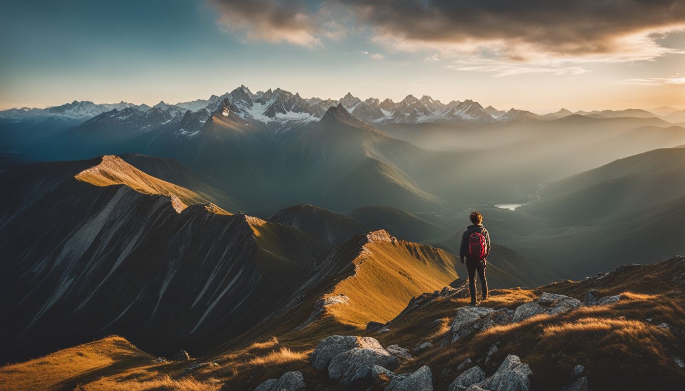 A hiker admiring a stunning mountain peak surrounded by scenic ranges in a bustling atmosphere.