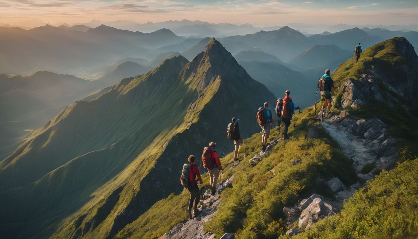 A diverse group of hikers enjoy the view from a mountain peak surrounded by lush greenery.