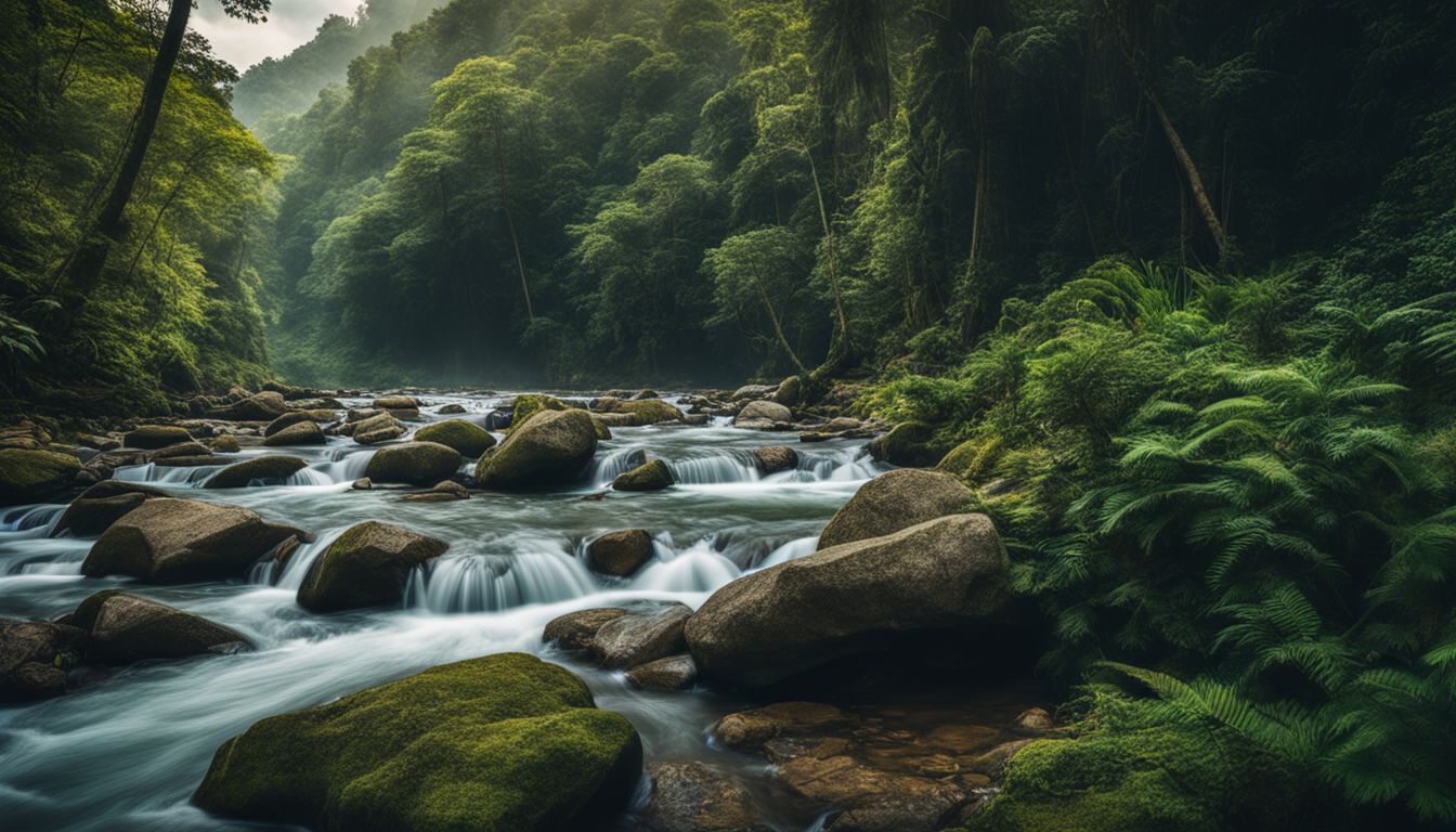 A photo of a river flowing through a jungle with various people and scenery captured in clear detail.