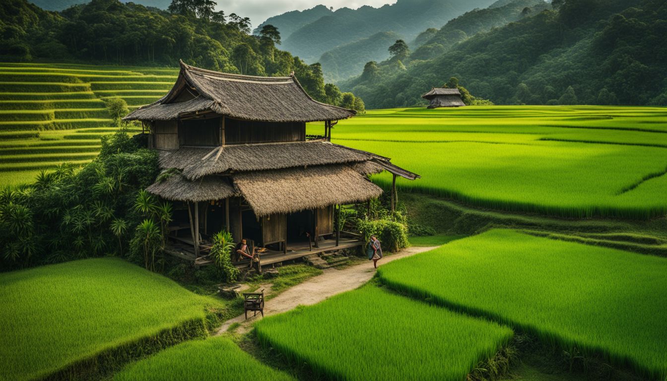 A photo of a traditional Vietnamese house surrounded by vibrant rice fields, capturing the bustling atmosphere of the area.