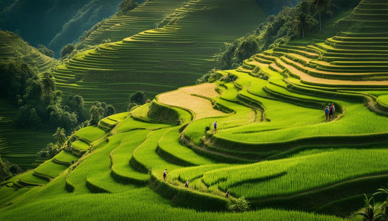 Hikers explore vibrant rice terraces in Vietnam, capturing the bustling atmosphere and beauty of the landscape.