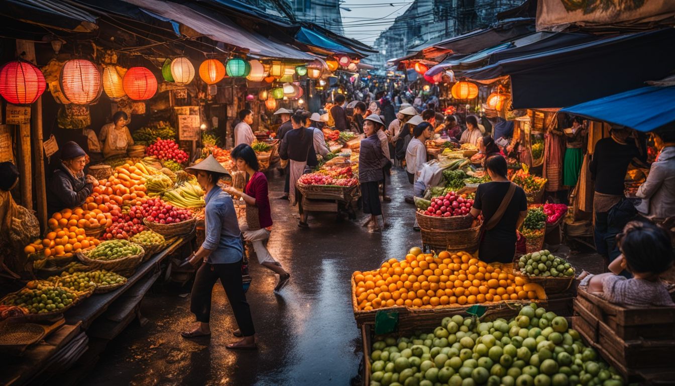 A lively Vietnamese marketplace with a variety of colorful fruits, traditional hats, and vibrant street food.