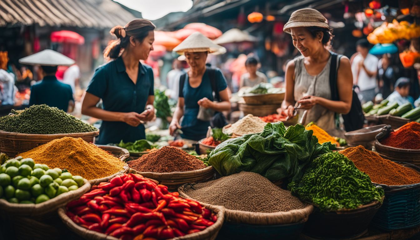 A vibrant outdoor market in Hoi An with locals selling fresh produce and colorful spices.