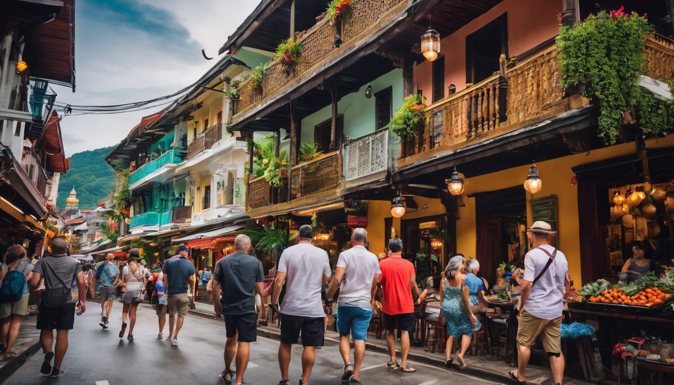 A diverse group of tourists exploring the vibrant streets of Phuket Old Town.