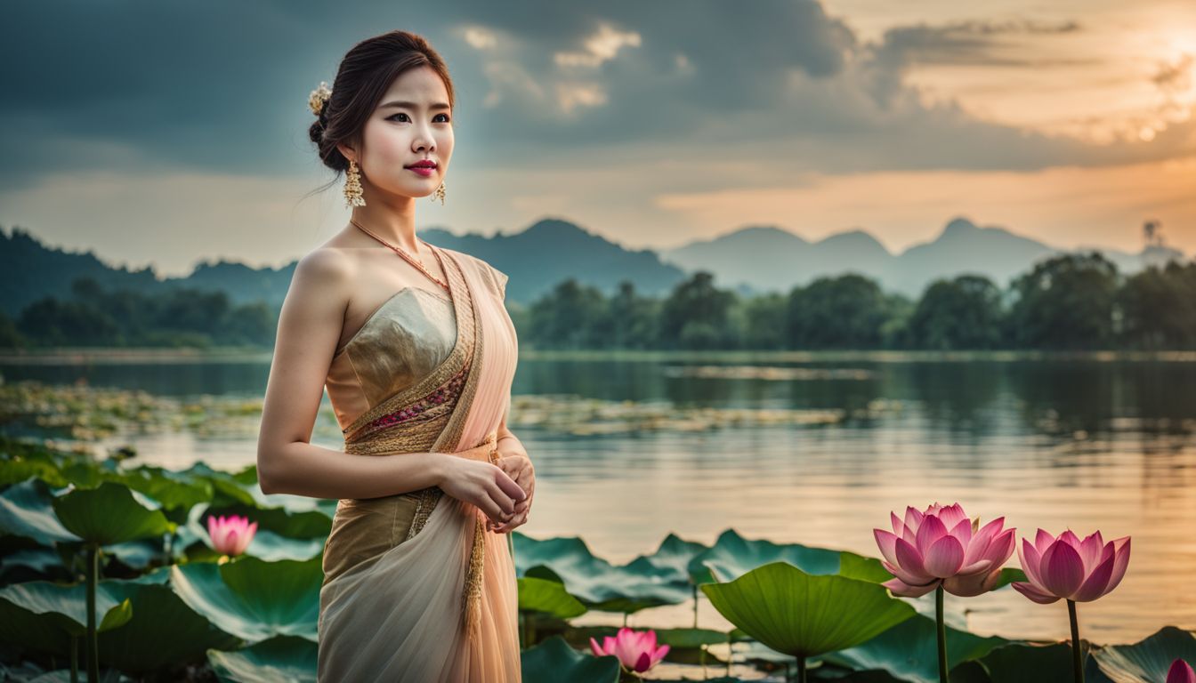 A woman in a traditional Thai dress stands by a lake with lotus flowers in the foreground.