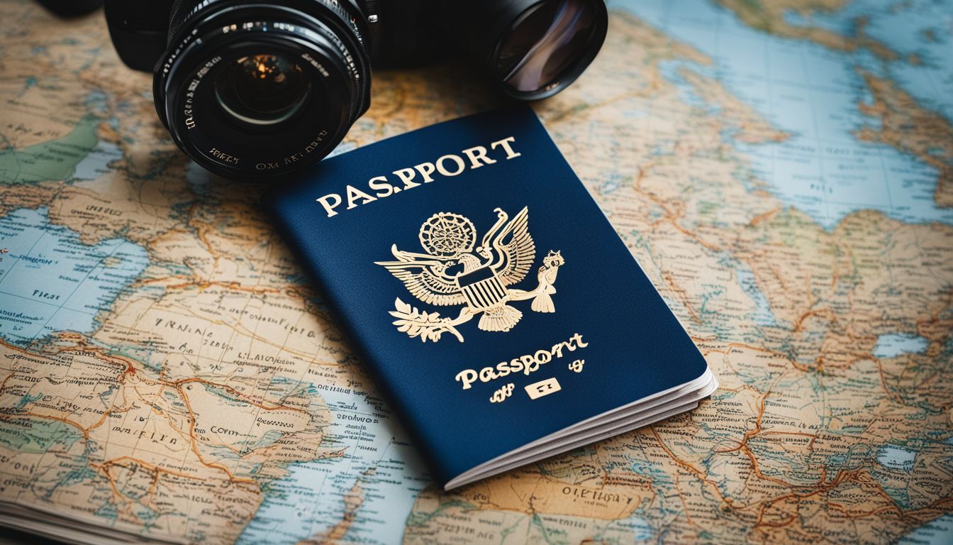 A photo of travel essentials including a passport, plane ticket, and travel itinerary on a map.