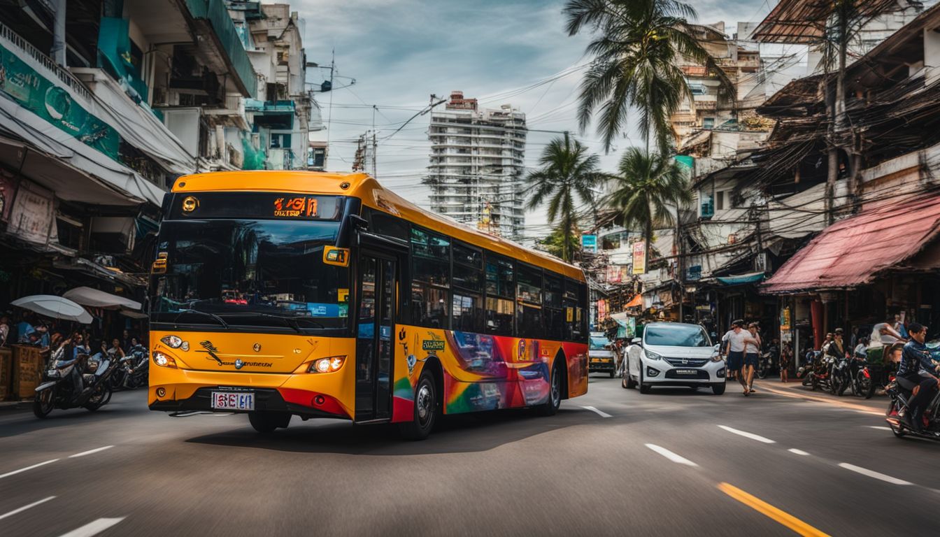 A baht bus drives through the bustling streets of Pattaya, capturing the diverse and vibrant cityscape.
