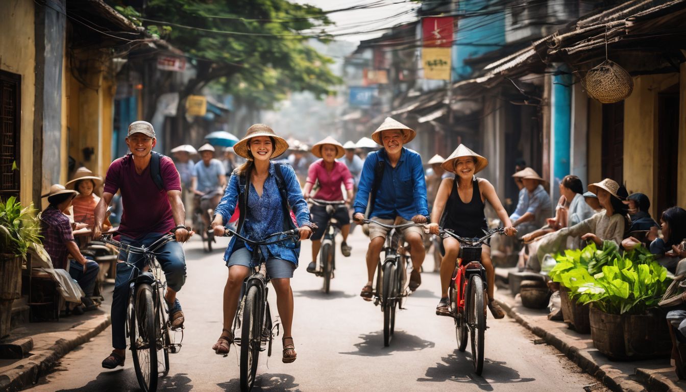 A diverse group of travelers explore the bustling streets of Vietnam on bicycles.