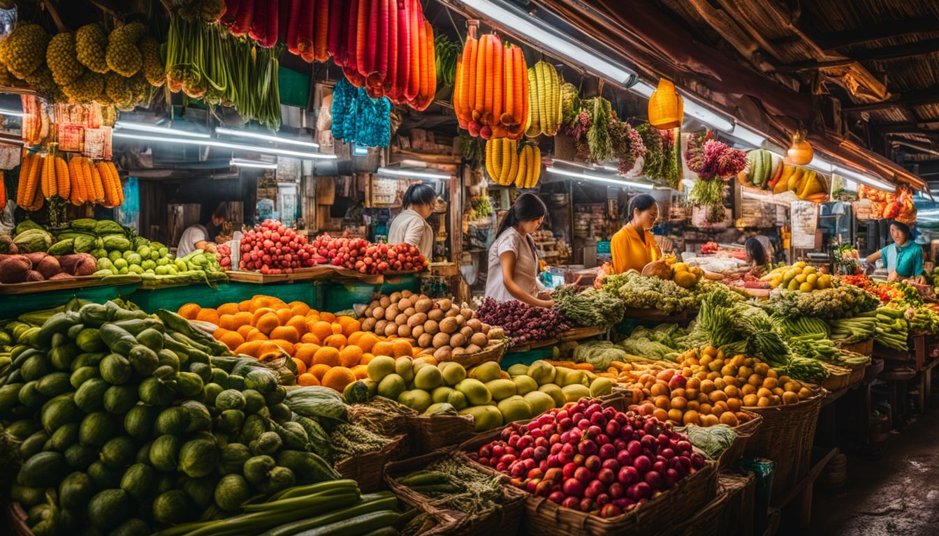 A vibrant Thai market showcasing a variety of colorful fruits, vegetables, and spices, capturing the bustling atmosphere.