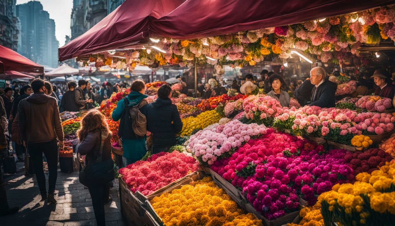 A vibrant flower market with a diverse crowd and bustling atmosphere photographed with a high-quality camera.