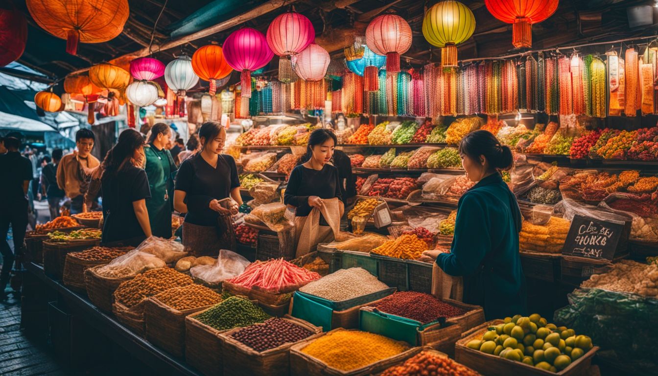 A vibrant market stall filled with Vietnamese snacks, featuring diverse faces and bustling atmosphere.