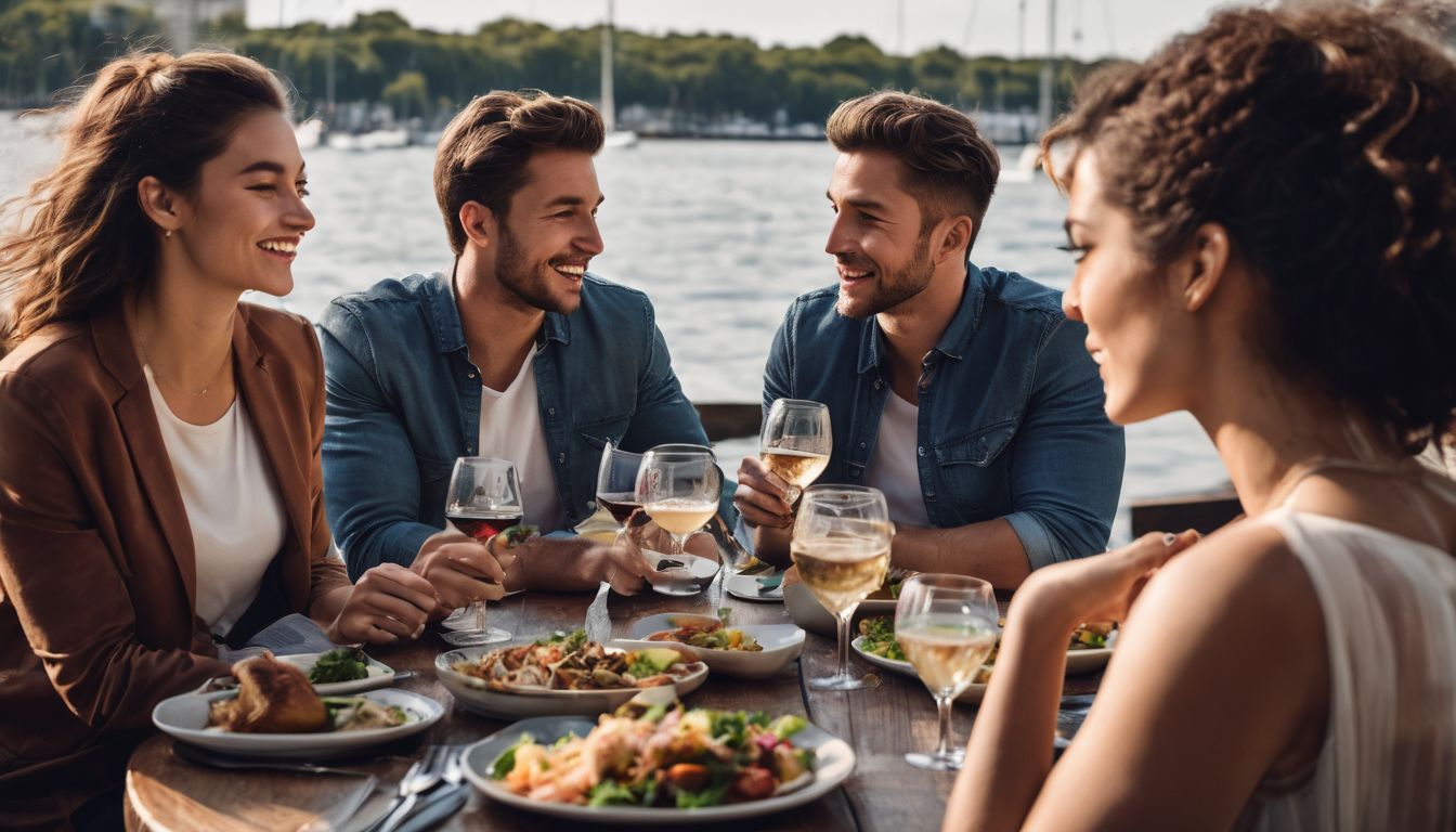 A group of friends enjoying a meal at a waterfront restaurant with a bustling atmosphere.