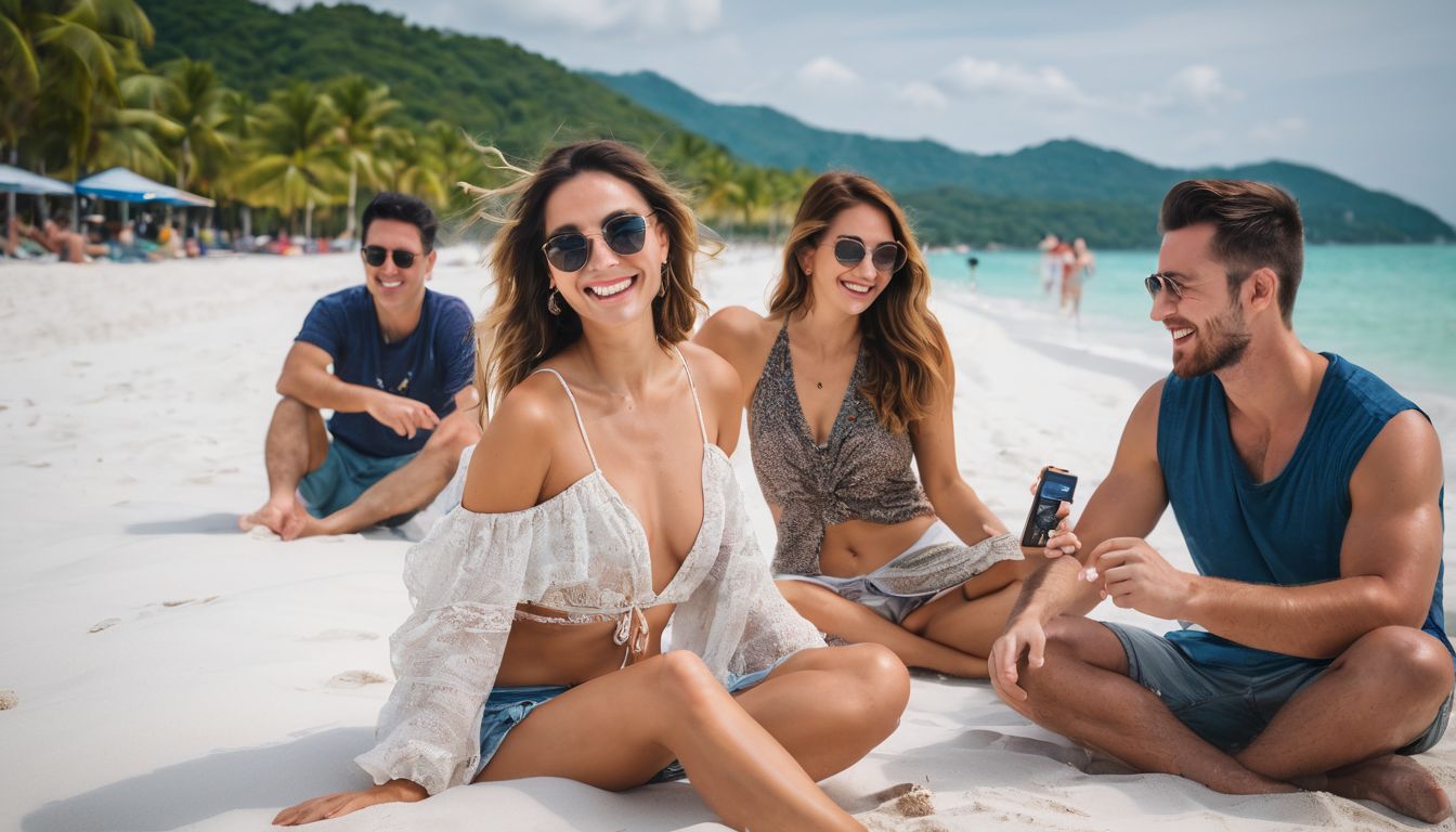 A diverse group of tourists poses on the white sand beach of Chaweng Beach, creating a bustling and lively atmosphere.