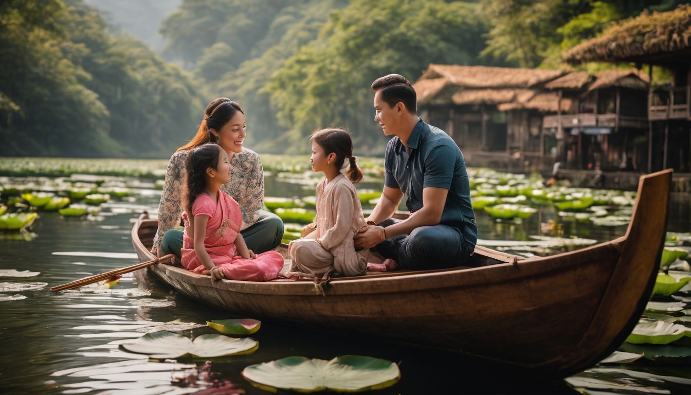 A family enjoys the beauty of lotus flowers from a traditional wooden boat.