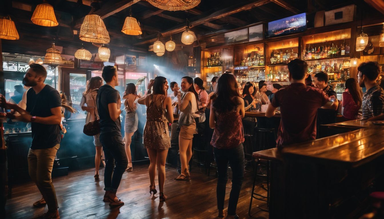 A group of friends dancing and enjoying live music at a lively bar in Chiang Mai's Old City.